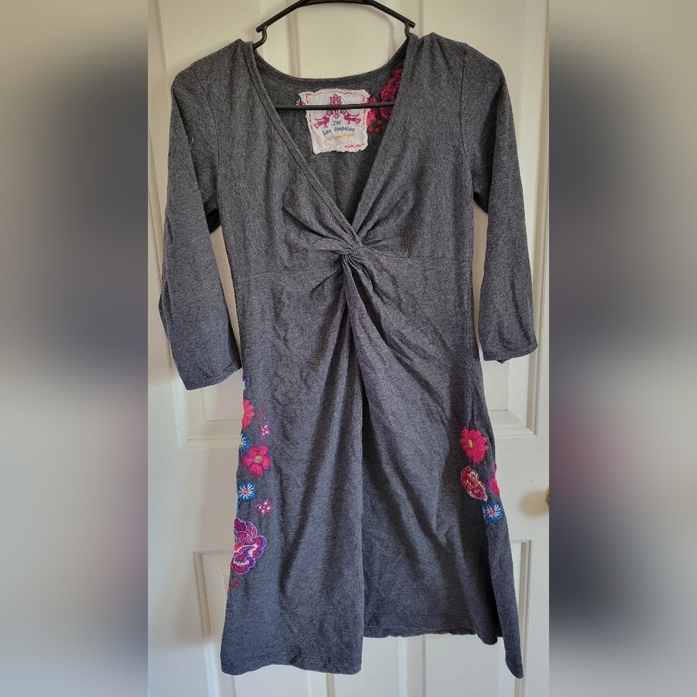 Johnny Was Women's Gray Floral Embroidered Twist Front Cotton Dress Size Small